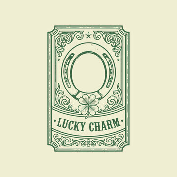 Lucky Charm Illustration: A vintage illustration, centered around the elements of luck and fortune, adorned with a horseshoe and four-leaf clover, designed to evoke feelings of optimism and hope.