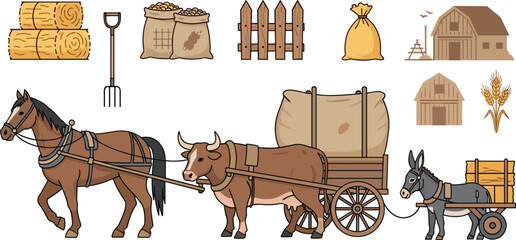 Farm life set with horse and ox pulling wooden carts, hay bales, bags of grain, pitchfork and barn icons on white background. © Sohel