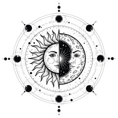 Sun and moon faces in celestial mandala design Keywords: sun, moon, celestial, mandala, faces