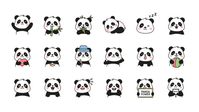 Collection of cute panda stickers showing various emotions and expressions