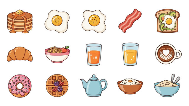 Collection of cute cartoon breakfast food illustrations.