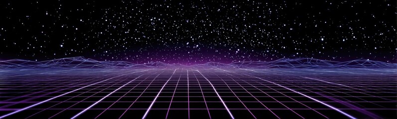 Retro futuristic digital landscape with grid and starry night sky