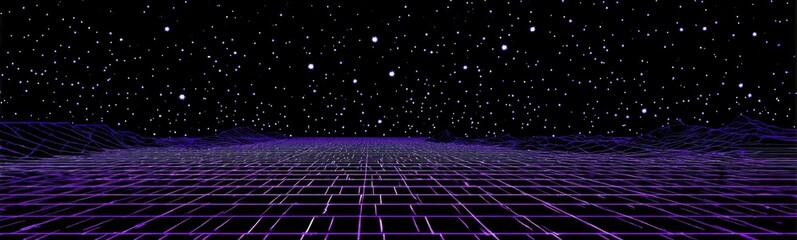 Infinite neon grid vanishing into starry night sky with purple mountain silhouettes