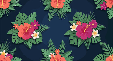 Obraz premium Tropical floral pattern with vibrant hibiscus and monstera leaves on dark background