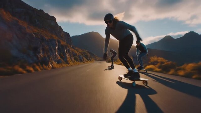 Three people longboarding downhill on a road with mountains and a sunset in the background skateboarding