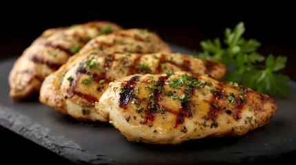 Succulent grilled chicken breasts seasoned with herbs presented on a dark slate platter