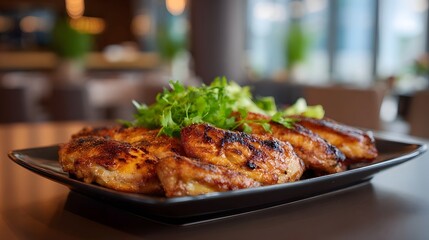 Fototapeta premium Delicious grilled chicken platter with fresh green garnish served in a modern restaurant