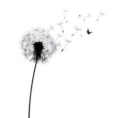 A dandelion flower dispersing its seeds in the wind on a white background