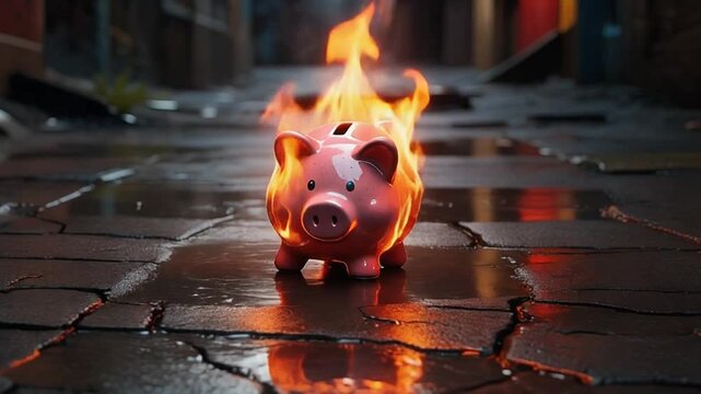 Burning piggy bank on a wet, damaged street with flames, destruction in background, symbolizing financial crisis