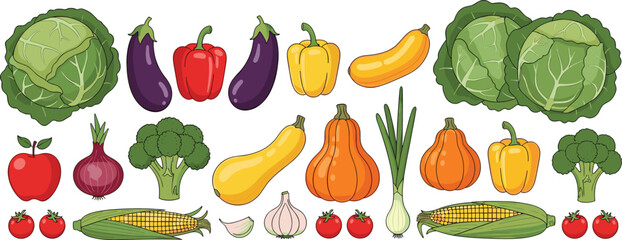 Fototapeta premium Organic Garden Vegetables Vector Set: Hand-Drawn Healthy Food Icons
