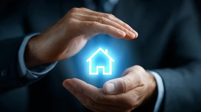Home insurance protection concept. House icon protected between two hands
