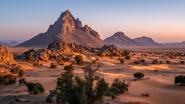Desert mountain landscape at sunset with dramatic sky and sand