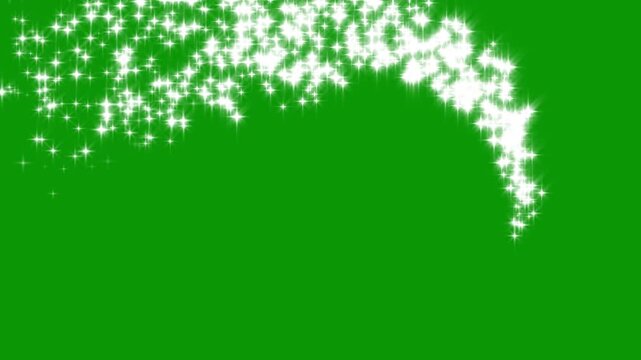 White glowing twinkle star animation with sparkling glitter dust trail, retro vector star doodles and magic particle burst, 2d flat sparkle effect overlay on green screen high quality 4k.