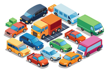 A bustling isometric scene illustrating a diverse range of colorful vehicles navigating roads, symbolizing urban traffic flow and efficient logistics operations.