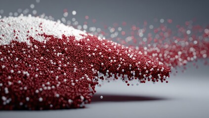Flowing cascade of tiny red and white particles against a neutral backdrop