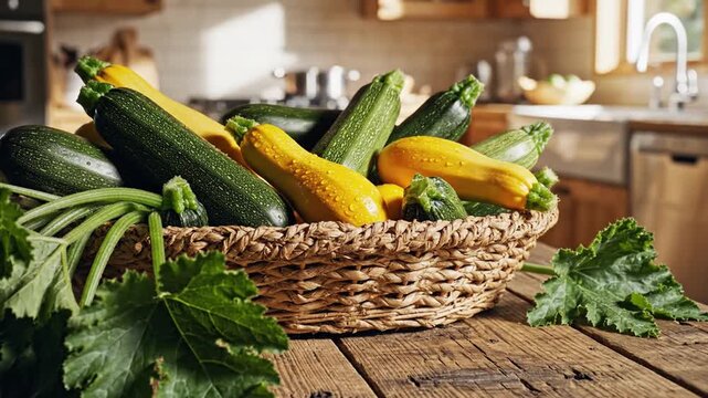 Fresh zucchini and squash in a basket on a wooden table in a modern kitchen with sunlight