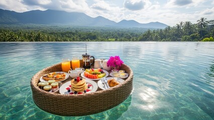 Fototapeta premium A floating breakfast tray in an infinity pool overlooking mountains and nature