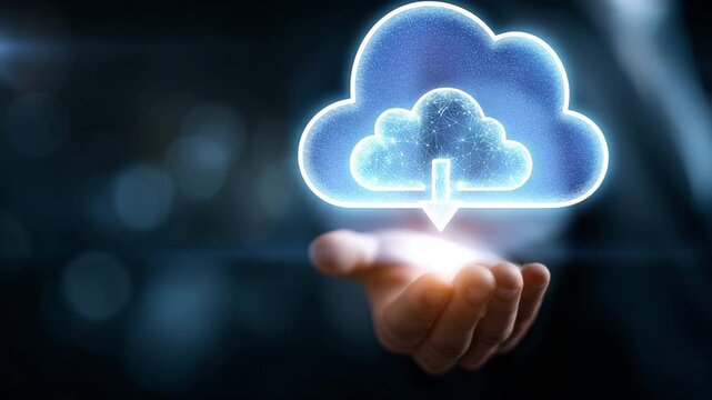 Cloud data download technology concept. A glowing digital cloud
