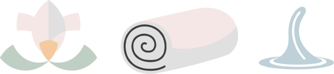 Zen symbols: lotus flower, rolled towel, and water splash for spa and wellness