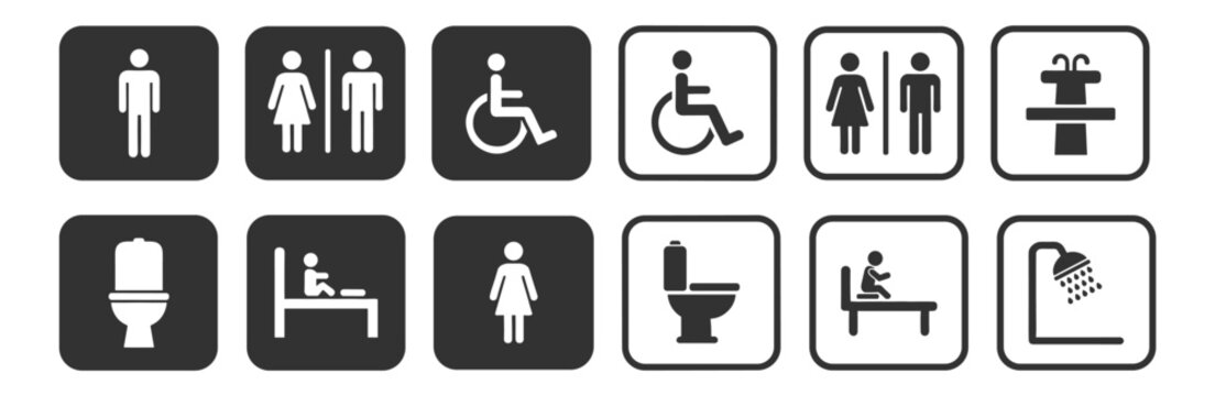 Bathroom restroom icon set with toilet wheelchair accessible men women shower and sink symbols, black silhouette vector collection isolated on transparent background