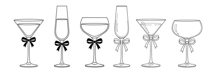 Wine glass and cocktail drink icon set with martini champagne flute and decorative ribbon bows, outline vector collection isolated on transparent background © gerik_a