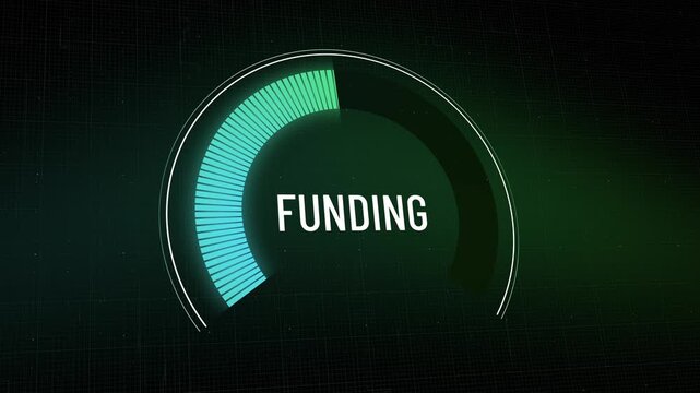 Digital funding meter gauge increasing and decreasing on dark grid background, investment progress indicator showing financial growth followed by budget cuts and loss of capital. Copy space
