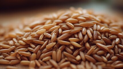 Obraz premium Close up of uncooked brown rice grains piled on a wooden surface showcasing its natural texture and color