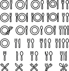Set of 30 outline icons related to plate, spoon, knife and fork transparent