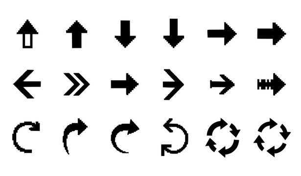 8 bit pixel arrow icon set retro arcade navigation vector collection