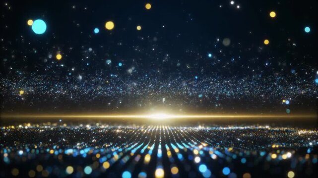A vast expanse of glittering particles in blue, gold, and white creates a cosmic or celebratory background with a bright golden horizon light