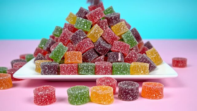 Slow dolly reveal shot capturing a mountain of multi-colored jelly candies overflowing a simple white rectangle plate against a saturated pastel surface candy store, overflowing, high saturation