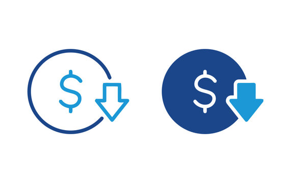 Dollar sign with down arrow for price decrease or cost reduction