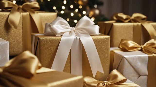Slow dolly shot panning across several elegantly wrapped gold and white gift boxes tied with ornate silk ribbon symbolizing generosity and holiday preparation up, surprise, giving