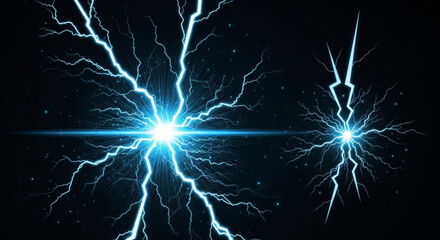 Electric blue lightning bolts striking in the dark night sky with bright energy sparks and vibrant glowing effects © Zafar