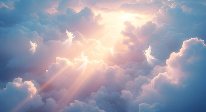 Angels Descending Through Sunlit Clouds, Divine Light Rays, Ethereal Sky