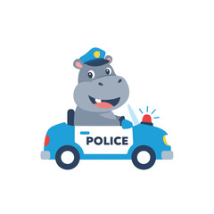 A cheerful cartoon hippo wearing a police hat and uniform drives a blue police car with a flashing siren. © Ahmad