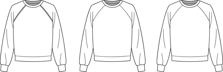 Unisex raglan crewneck sweatshirt front flat with cuff and waistband fashion apparel vector template tech pack mockup, cad drawing flat vector illustration © Khaleda Creative