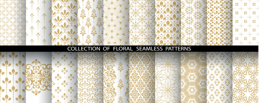 Geometric floral set of seamless patterns. White and golden vector backgrounds. Damask graphic ornaments
