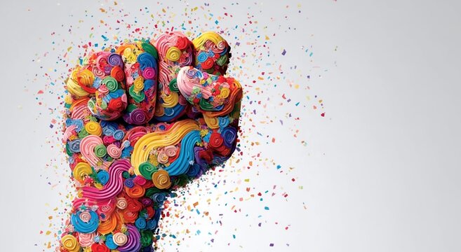 Colorful Abstract Fist with Confetti, Celebratory Artistic Symbolism