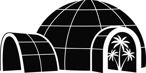 Igloo silhouette with tropical palm trees inside, surreal arctic illustration, black and white minimal design, climate contrast concept artwork © Rekha