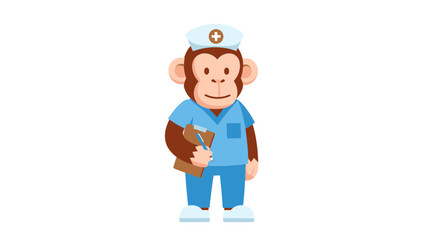 Fototapeta premium Cute cartoon monkey dressed as a nurse holding a clipboard.