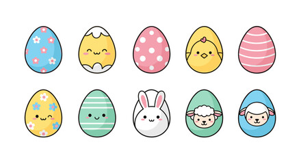 Fototapeta premium Set of cute decorated easter eggs with bunny and chick illustrations