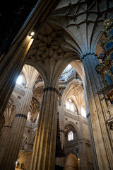 Naklejka premium Intricate arches and columns inside a grand cathedral.. Cathedral of Salamanca, Spain