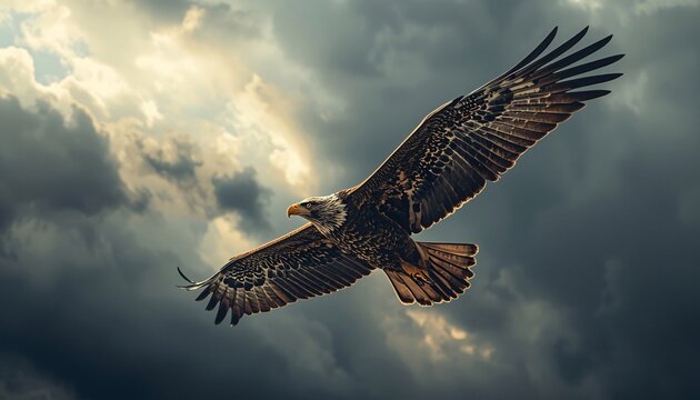 Eagle Flying Through Dramatic Storm Clouds