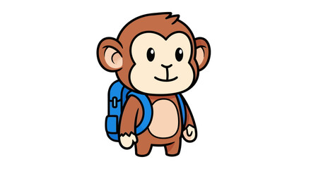 Cute cartoon monkey character with a blue backpack standing and smiling.