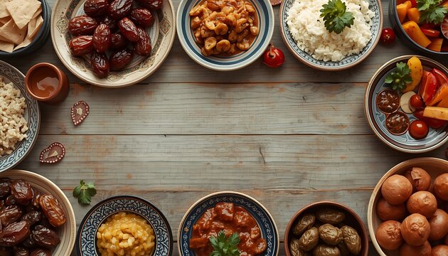 Assorted middle eastern and mediterranean dishes arranged in a circular pattern.