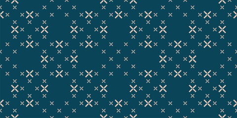 Vector geometric seamless pattern with small flowers, crosses. Elegant teal and beige minimalist texture. Abstract minimal background texture. Simple repeated organic design for decor, textile, fabric © Olgastocker