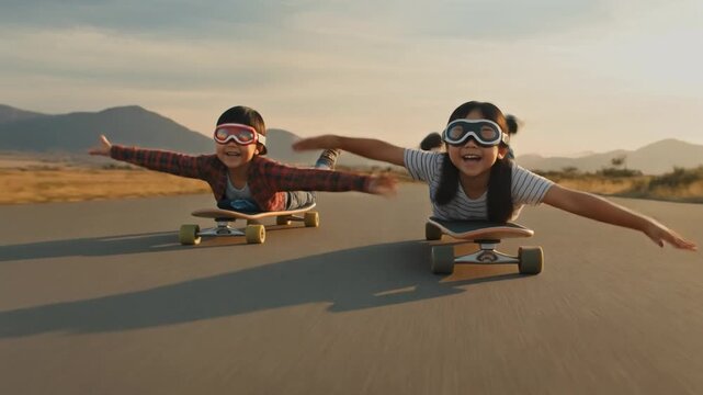 Two young children wearing goggles and flying with outstretched arms on skateboards down a paved road with mountains in the background