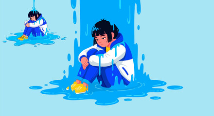 Naklejka premium Sad young person sitting on the floor, drenched by a column of water, symbolizing feelings of depression and being overwhelmed. Vector illustration with a blue and white color palette.