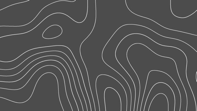 Abstract topographic contour line animation on a dark charcoal gray background, creating a dynamic and flowing map-like pattern. The white lines subtly shift and undulate
